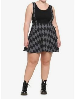 Cheap 🌟 Black & Grey Argyle Lace-Up Suspender 👗 Skirt Plus Size 🎉 -HT Style Outlet Store 18082692 av1