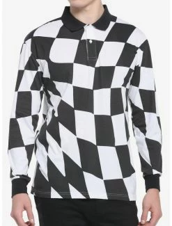 Flash Sale 🤩 Black & White Checkered Long-Sleeve Polo 👚 Shirt ⭐