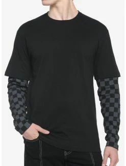 Hot Sale 🥰 Black & Grey Checkered Twofer Long-Sleeve T-Shirt 😀