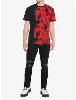 Deals 🎉 Red & Black Tie-Dye Side Split T-Shirt 🔔 -HT Style Outlet Store 18176255 av1