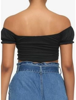 Budget 🧨 Black Ruched Off-The-Shoulder 👧 Girls Crop Top 👍 -HT Style Outlet Store 18250521 av2