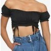Budget 🧨 Black Ruched Off-The-Shoulder 👧 Girls Crop Top 👍