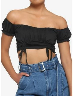 Budget 🧨 Black Ruched Off-The-Shoulder 👧 Girls Crop Top 👍