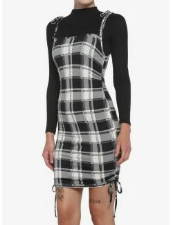 Best Pirce 😉 Black & White Plaid Twofer Long-Sleeve 👗 Dress ⌛