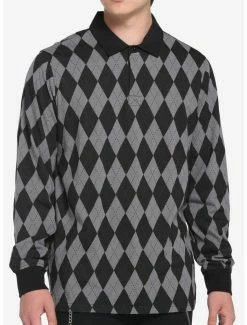 Best Sale 🔥 Black & Grey Argyle Long-Sleeve Polo 👚 Shirt 🎉