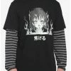 Outlet 🥰 Black & Grey Stripe Anime Girl Twofer Long-Sleeve T-Shirt 🤩 -HT Style Outlet Store 18379871 hi