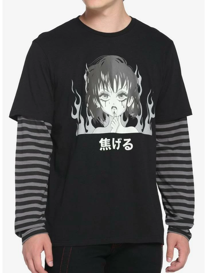 Outlet ๐ฅฐ Black & Grey Stripe Anime Girl Twofer Long-Sleeve T-Shirt ๐คฉ 3 Outlet ๐ฅฐ Black & Grey Stripe Anime Girl Twofer Long-Sleeve T-Shirt ๐คฉ