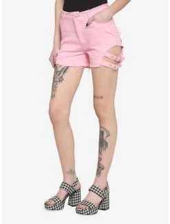 Best Sale ⭐ Pink Side Belt Denim Shorts 🛒