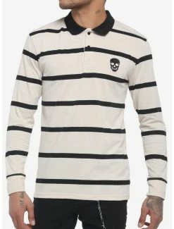 Brand new ✔️ Black & Tan Stripe Skull Long-Sleeve Polo 👚 Shirt ⌛