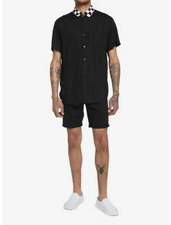 Deals 😍 Black & White Checkered Collar Woven Button-Up 😀 -HT Style Outlet Store 18435603 av1