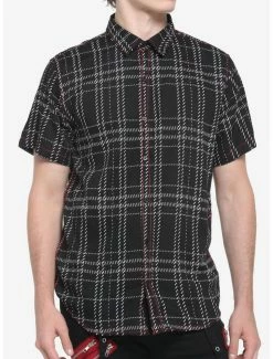 Outlet 🌟 Black Plaid & Red Contrast Stitch Woven Button-Up ✔️