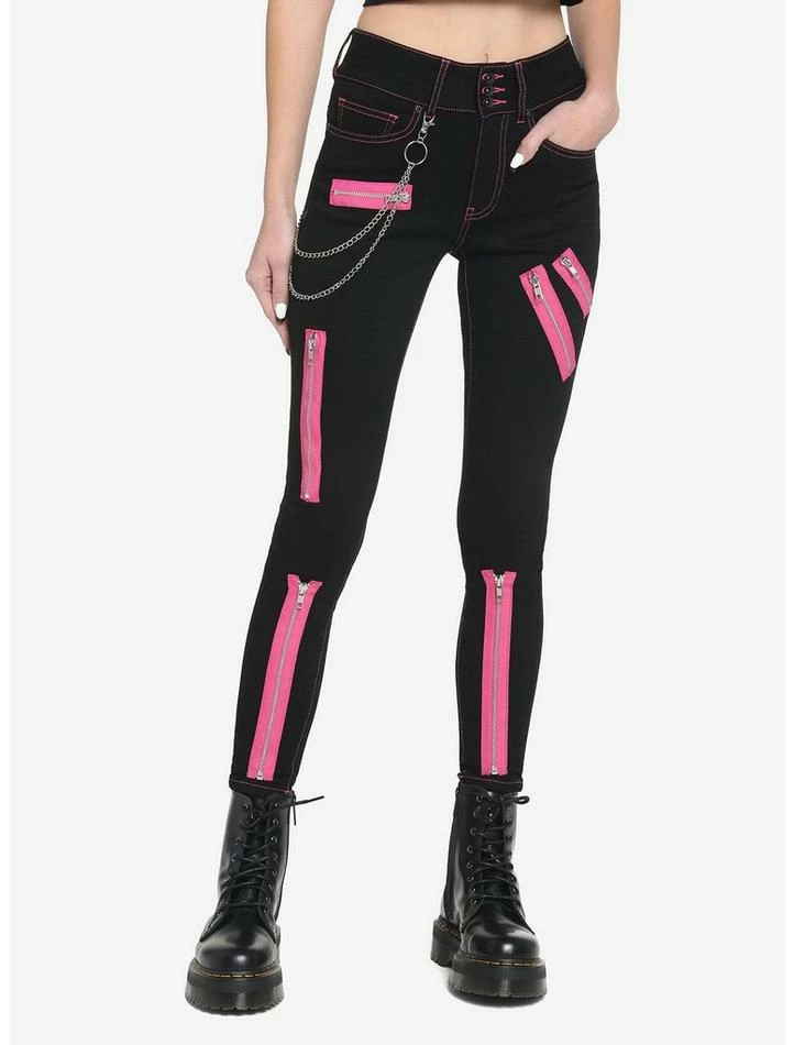 Cheap ✔️ Black & Pink Zipper Super Skinny 👖 Jeans 🛒 3 Cheap ✔️ Black & Pink Zipper Super Skinny 👖 Jeans 🛒