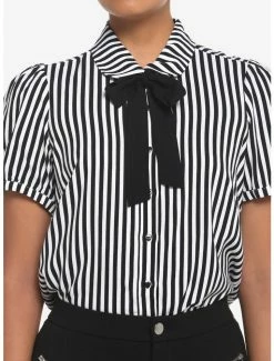 Cheap 👏 Black & White Pinstripe Bow 👧 Girls Woven Button-Up 🌟