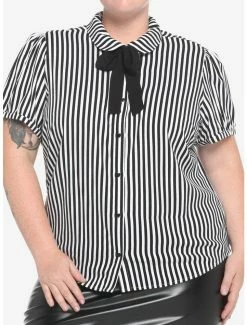 Flash Sale 🥰 Black & White Pinstripe Bow 👧 Girls Woven Button-Up Plus Size 🔥