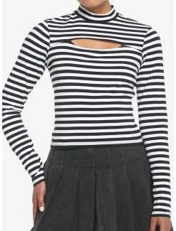 Buy 🤩 Black & White Stripe Cutout 👧 Girls Long-Sleeve Top 🧨