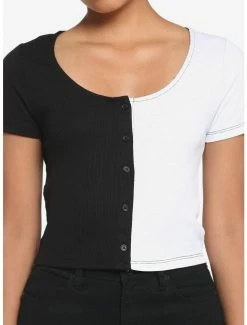 Cheap 👍 Black & White Split 👧 Girls Crop T-Shirt 👏