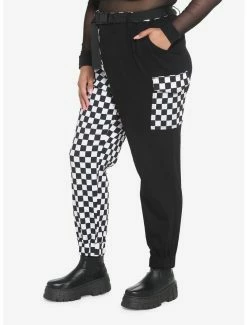 New โ๏ธ Black & White Checkered Split Cargo Jogger Pants Plus Size ๐