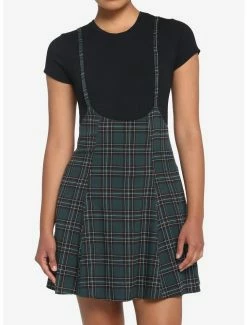 Promo 🥰 Green Plaid High-Waisted Suspender 👗 Skirt 🤩