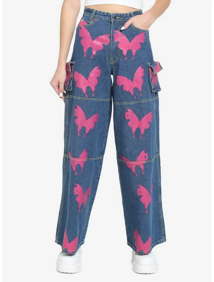 Wholesale 😍 Pink Butterfly Denim Cargo Pants ✔️ 3 Wholesale 😍 Pink Butterfly Denim Cargo Pants ✔️