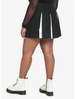 Deals 😉 Black & White Contrast Pleated Lace-Up 👗 Skirt Plus Size 😉 -HT Style Outlet Store 18535403 av1