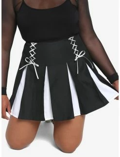 Deals 😉 Black & White Contrast Pleated Lace-Up 👗 Skirt Plus Size 😉 -HT Style Outlet Store 18535403 av3