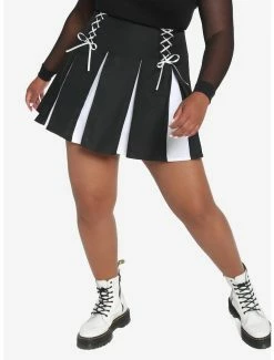 Deals 😉 Black & White Contrast Pleated Lace-Up 👗 Skirt Plus Size 😉 -HT Style Outlet Store 18535403 av4