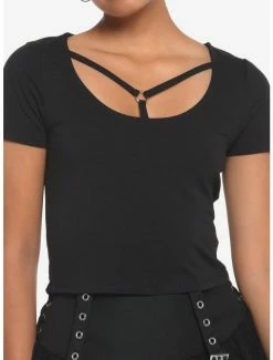 Cheap 🔔 Black Strappy 👧 Girls Crop T-Shirt 🔥