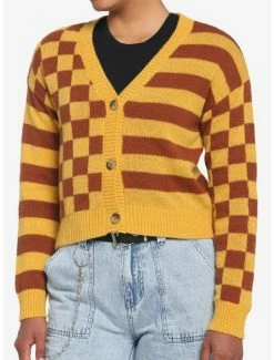 Buy ❤️ Mustard Checkered & Stripe Boyfriend Fit 👧 Girls Crop Cardigan 🔥