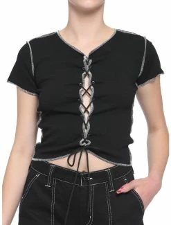 Discount 🔔 Black & White Contrast Lace-Up 👧 Girls Crop Top 🎁