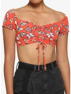 Outlet 🔥 Bright Butterfly Ruched Off-The-Shoulder 👧 Girls Crop Top ✔️