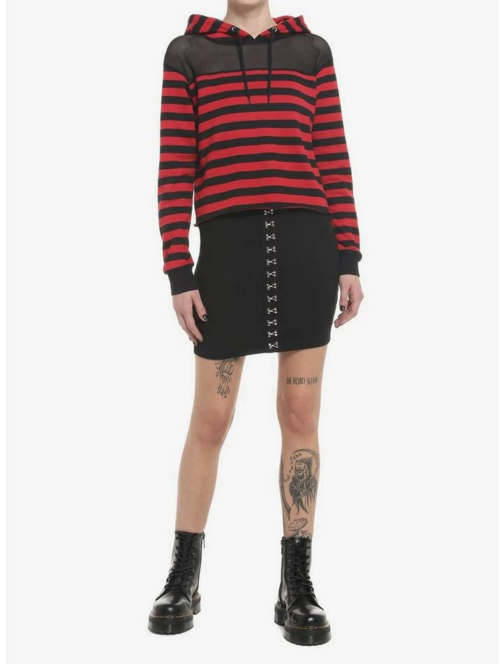 Coupon 🎉 Black & Red Stripe Mesh Shoulder Crop 👧 Girls Hoodie ❤️ 4 Coupon 🎉 Black & Red Stripe Mesh Shoulder Crop 👧 Girls Hoodie ❤️ - Image 2