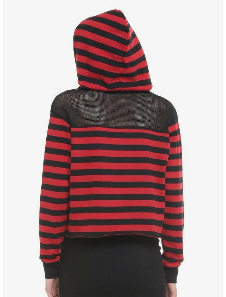 Coupon 🎉 Black & Red Stripe Mesh Shoulder Crop 👧 Girls Hoodie ❤️ 5 Coupon 🎉 Black & Red Stripe Mesh Shoulder Crop 👧 Girls Hoodie ❤️ - Image 3