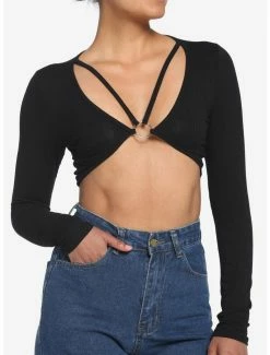 Best Pirce 👍 Black O-Ring Strappy 👧 Girls Long-Sleeve Crop Top 🎉