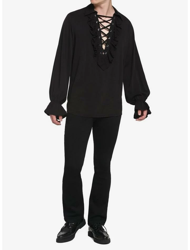 Buy ⭐ Black Ruffle Lace-Up Long-Sleeve 👚 Shirt 👏 4 Buy ⭐ Black Ruffle Lace-Up Long-Sleeve 👚 Shirt 👏 - Image 2