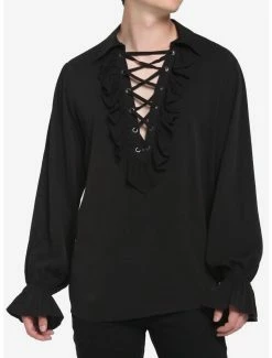 Buy โญ Black Ruffle Lace-Up Long-Sleeve ๐ Shirt ๐