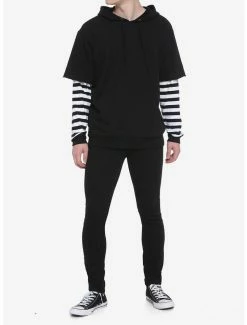 Outlet ❤️ Black & White Stripe Twofer Hoodie 🎉 -HT Style Outlet Store 18678921 av1