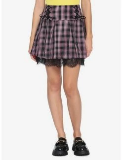 Hot Sale 🌟 Pink & Black Plaid Lace Trim Pleated 👗 Skirt 👏
