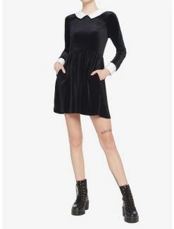 New 🧨 Black Velvet Cuffs & Collar Long-Sleeve 👗 Dress 😉 -HT Style Outlet Store 18687588 av1