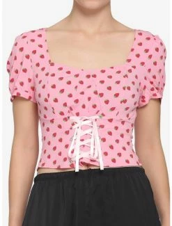 Promo 🎁 Strawberry Lace-Up 👧 Girls Crop Woven Top ⌛