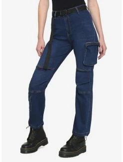 Outlet 🥰 Dark Indigo Utility Belt Straight Leg Cargo Denim Pants 🥰