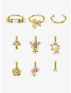 Best Sale ⭐ Steel Gold Mushroom Butterfly Nose Stud & Hoop 9 Pack 😀