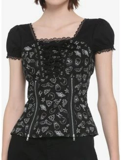 Deals 🎉 Black & White Magic Symbols Zipper & Lacing 👧 Girls Top 🌟