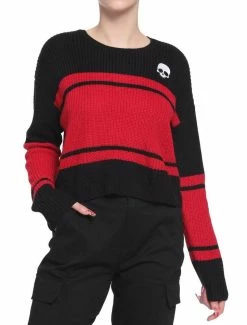 Discount 😍 Black & Red Stripe Skull 👧 Girls Crop Sweater ❤️