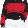 New 🔔 Black & Red Stripe Skull 👧 Girls Crop Sweater Plus Size 🔔