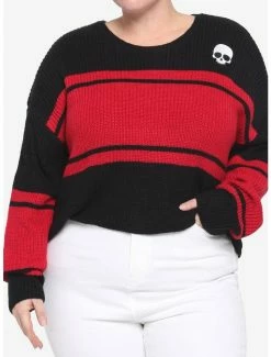 New 🔔 Black & Red Stripe Skull 👧 Girls Crop Sweater Plus Size 🔔