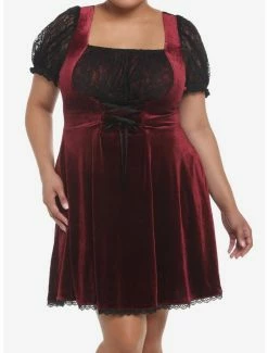 Outlet 🎉 Burgundy Velvet & Black Lace Corset 👗 Dress Plus Size 😉