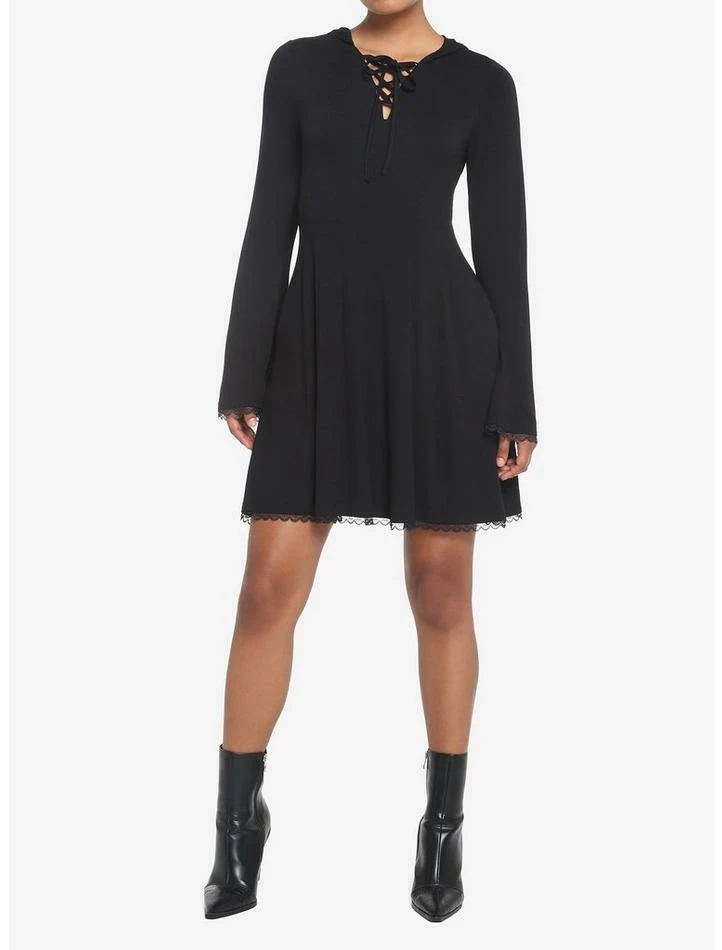 Cheapest 🎁 Black Lace-Up Front Hooded 👗 Dress 🔥 4 Cheapest 🎁 Black Lace-Up Front Hooded 👗 Dress 🔥 - Image 2
