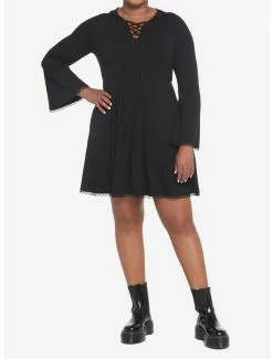Buy ✨ Black Lace-Up Front Hooded 👗 Dress Plus Size 👏 -HT Style Outlet Store 18815387 av1
