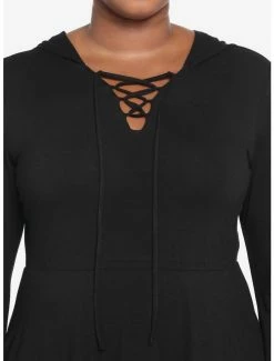 Buy ✨ Black Lace-Up Front Hooded 👗 Dress Plus Size 👏 -HT Style Outlet Store 18815387 av3