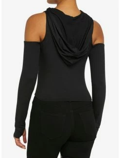 Best Sale 😉 Black Cold-Shoulder Hooded 👧 Girls Top 🧨 -HT Style Outlet Store 18816038 av2